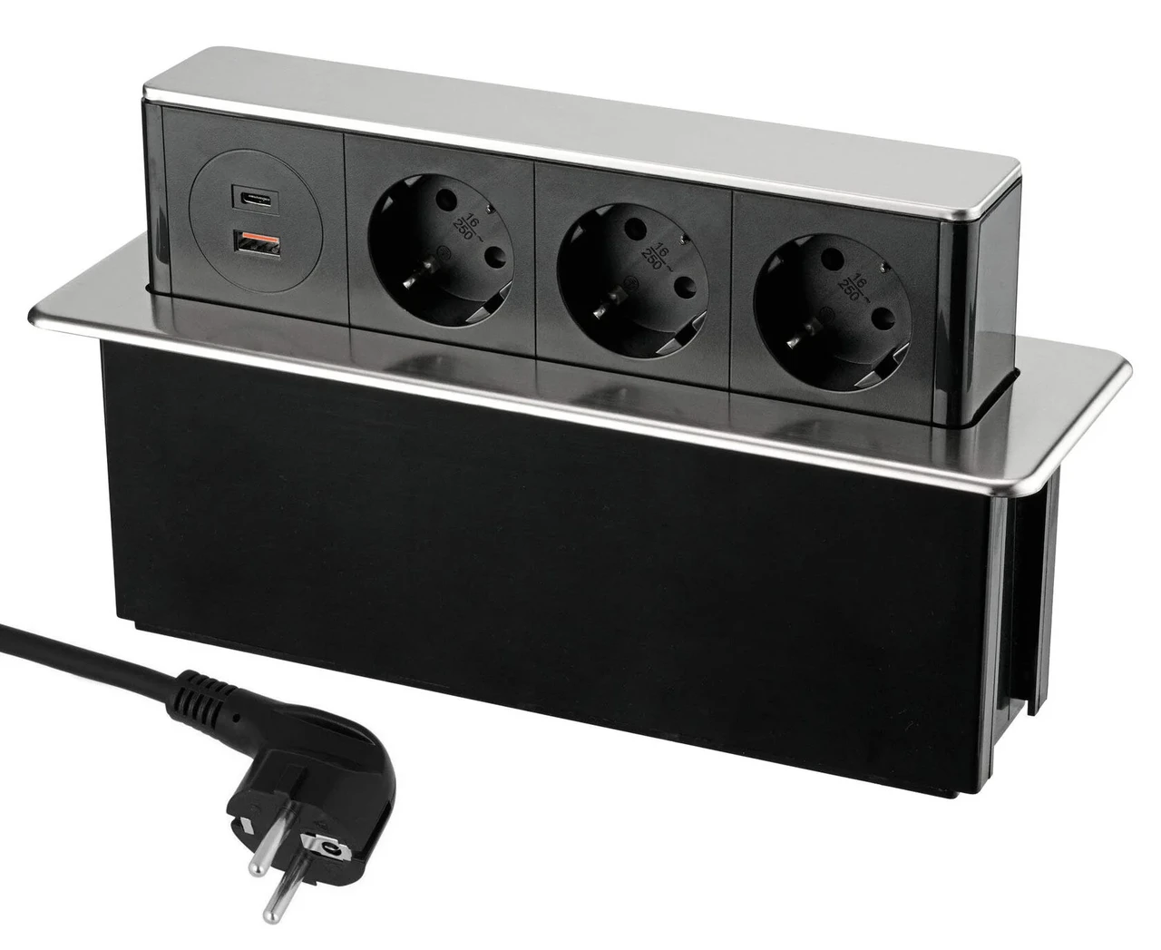 Горизонтальная лифт розетка с USB + Type C 20W Silver - GL 3EUD+A+C PD20W Silver